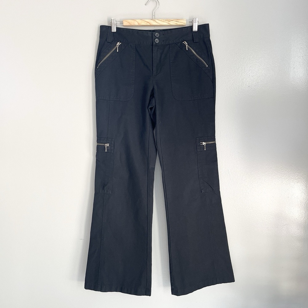 Banana Republic Y2K Zip Cargo Pants Canvas Black Loose Wide Leg Flare Size 10